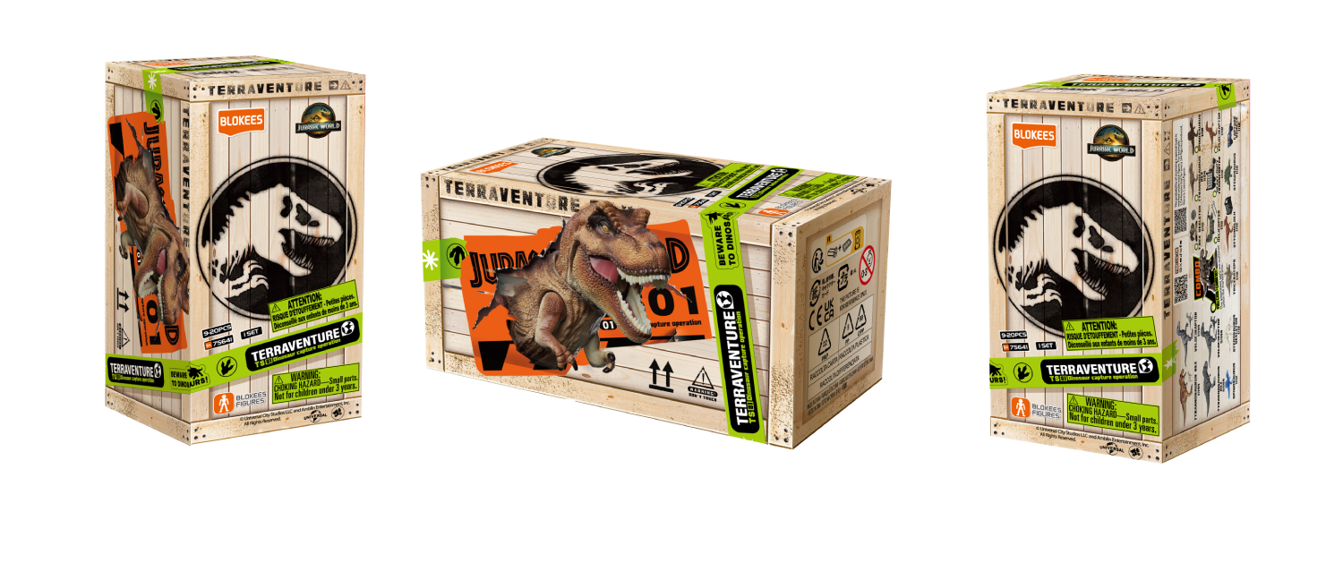 Tres cajas de juguetes de dinosaurios, una con cabeza de Tiranosaurio Rex.