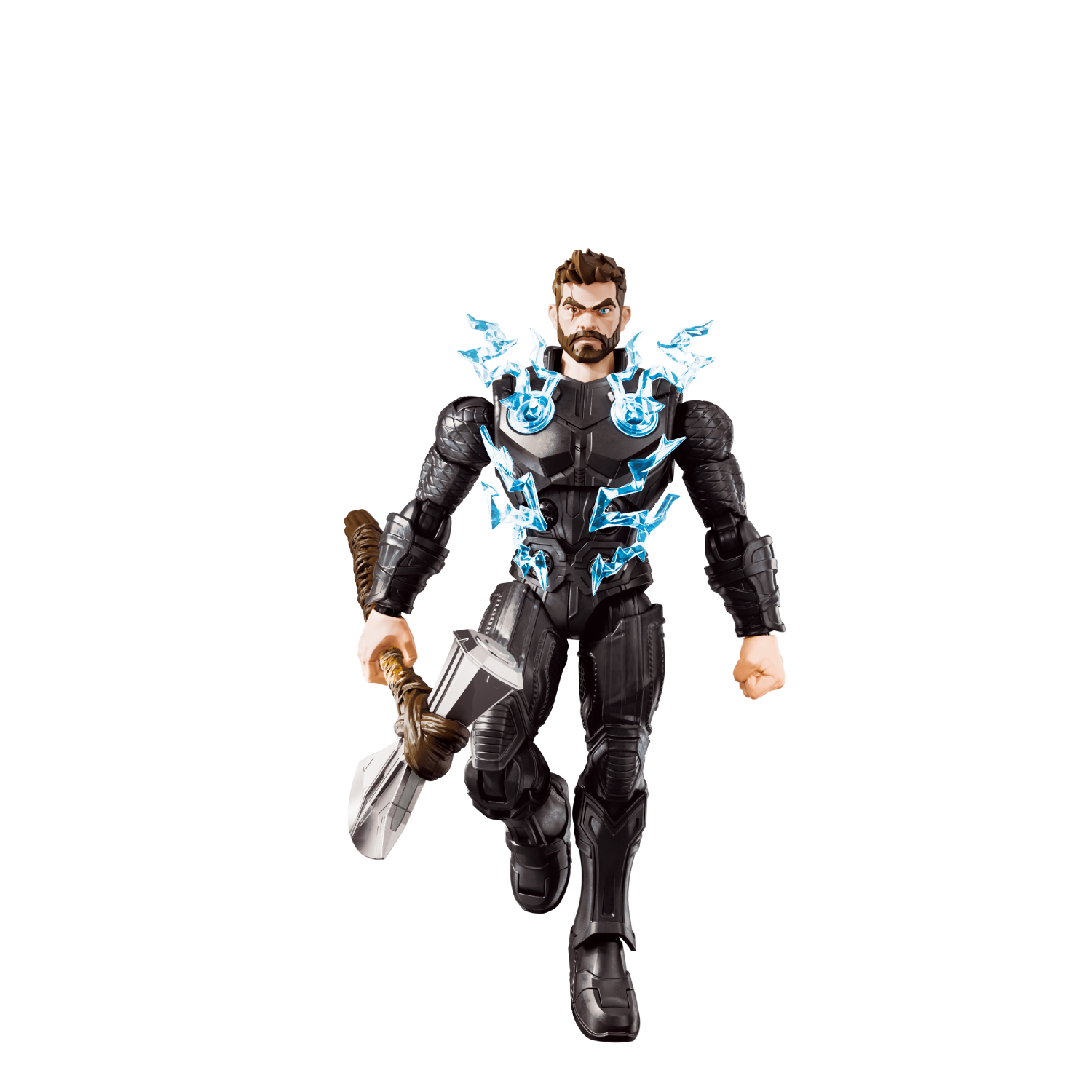 Figura de acción de Thor con armadura negra, martillo y efectos de relámpagos azules.