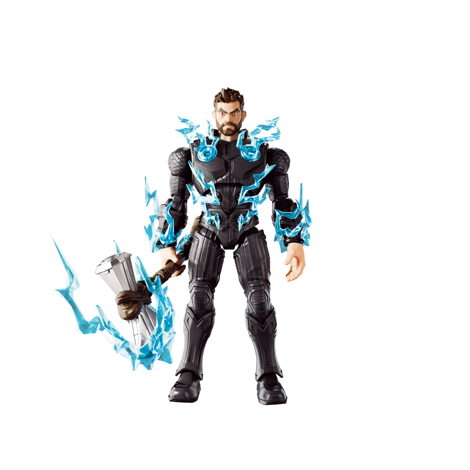 Figura de acción de Thor con armadura negra, efectos de energía azul y martillo Mjolnir.