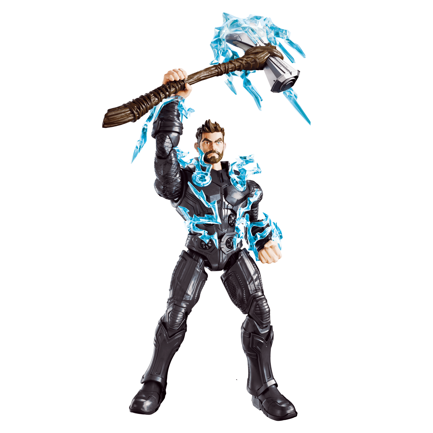 Figura de acción de Thor sosteniendo un martillo con efectos de energía azul sobre fondo negro.