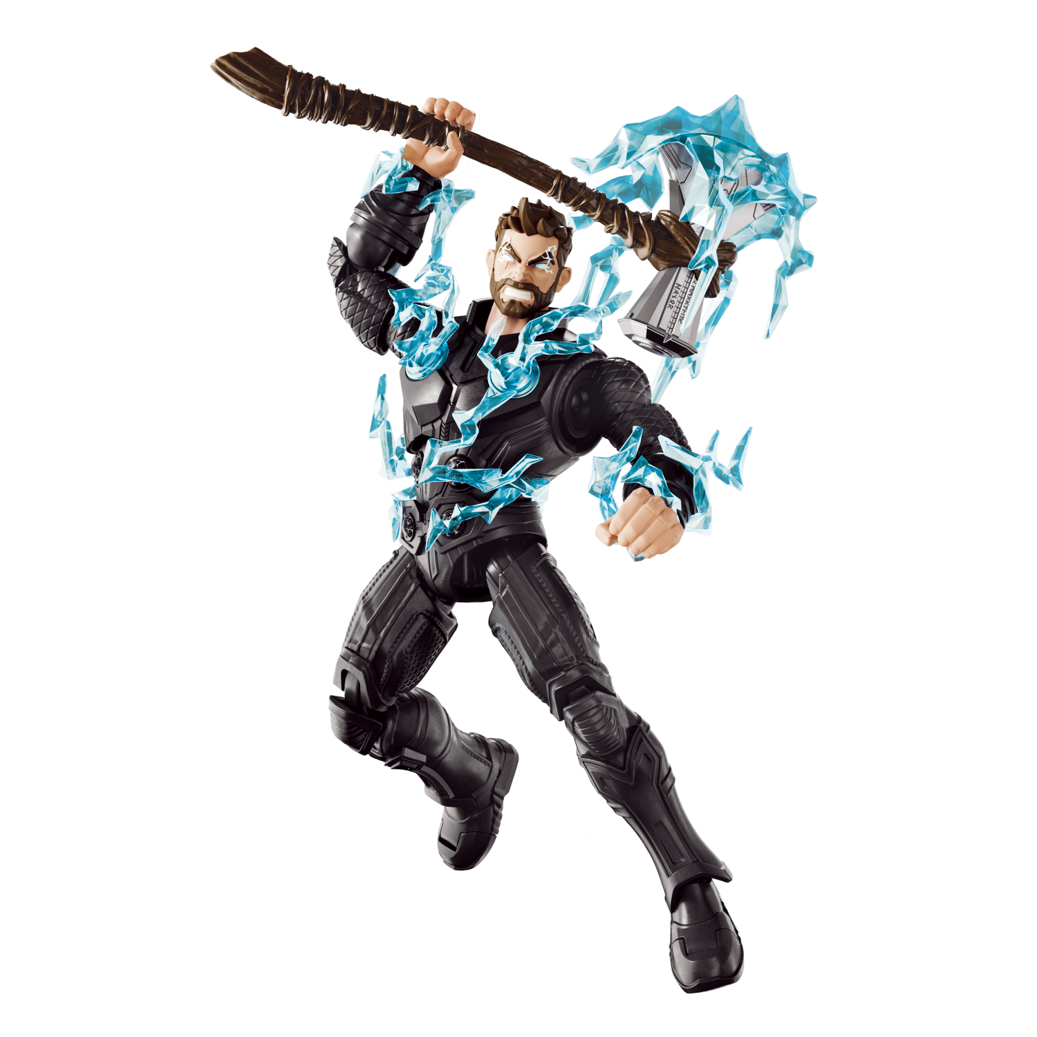 Figura de acción de Thor con armadura negra, martillo y efectos de energía azul.