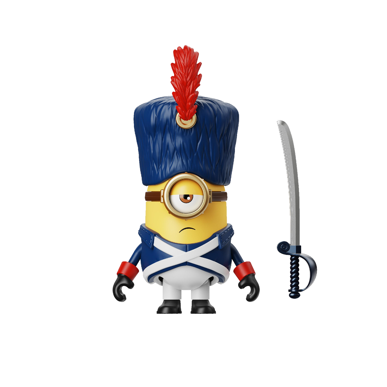 Un Minion con uniforme azul, sombrero de plumas y sable al lado.