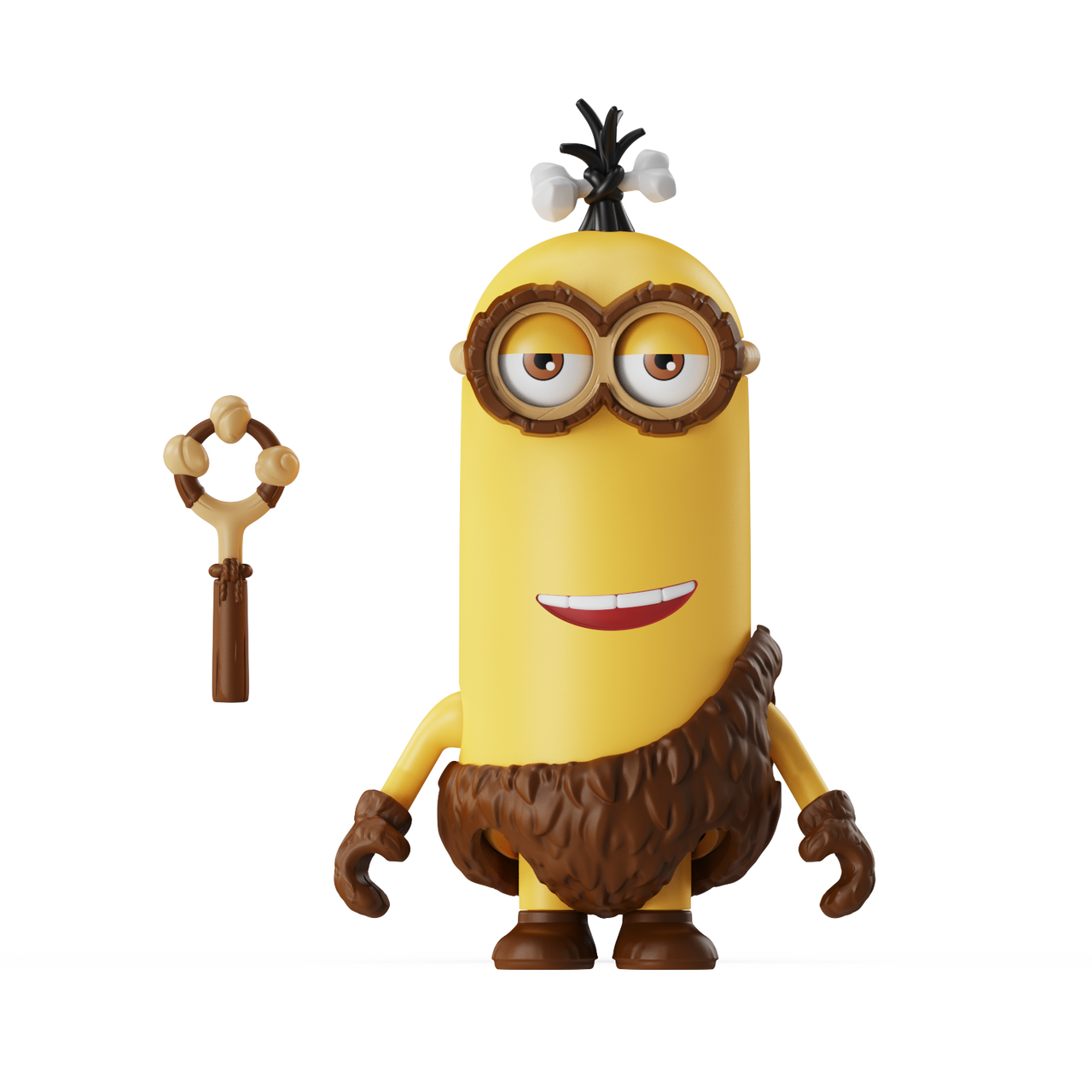 Minion amarillo con falda de pelo, gafas y huesos en el pelo.