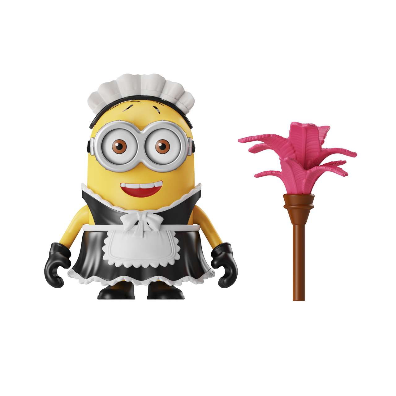 Un Minion vestido de sirvienta con un plumero rosa.