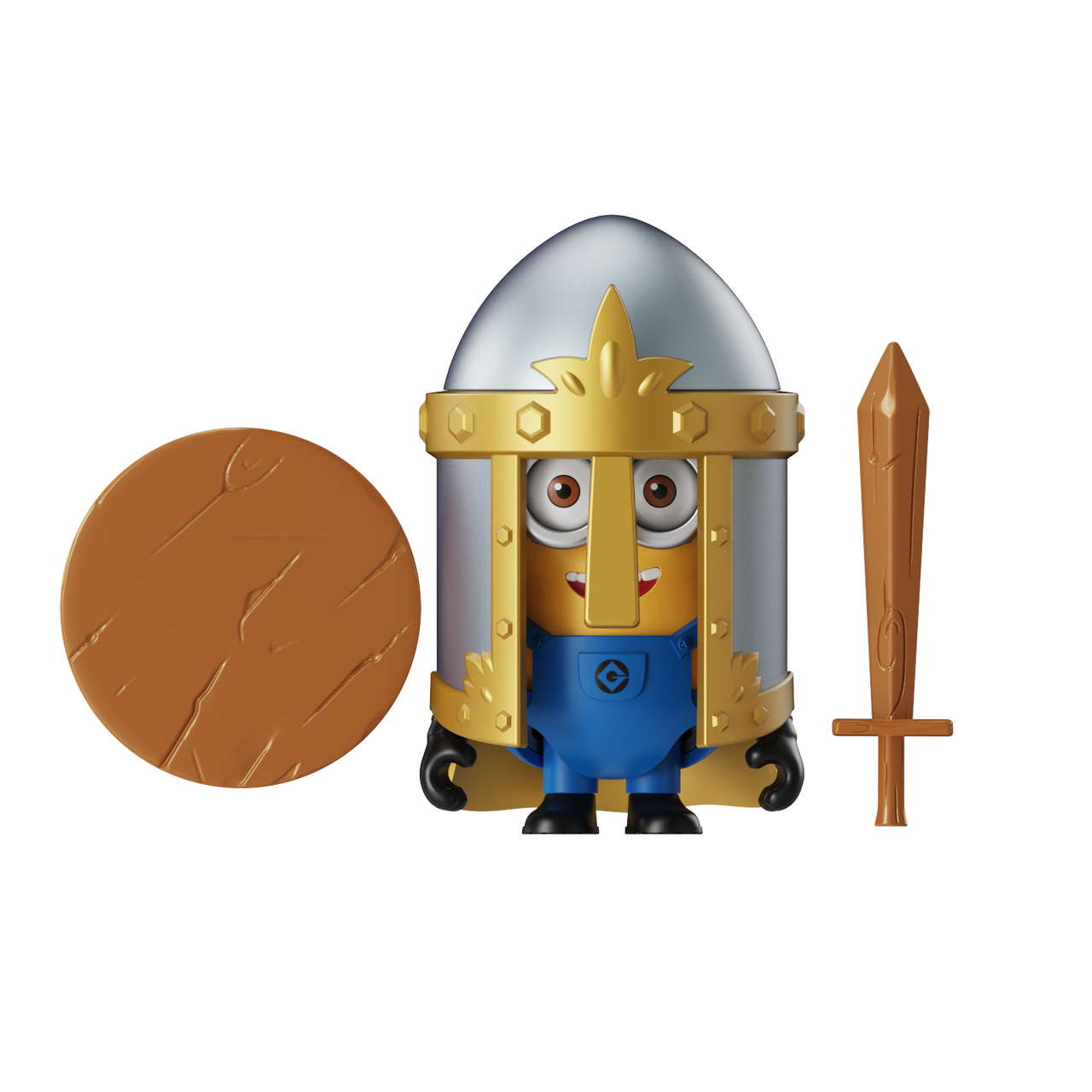 Minion con casco, espada y escudo sobre fondo negro.