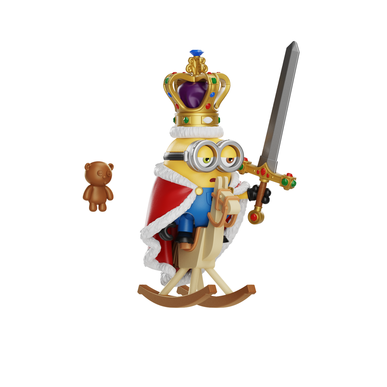 Un Minion con corona y capa roja monta un caballo de madera. Un oso de peluche al lado.