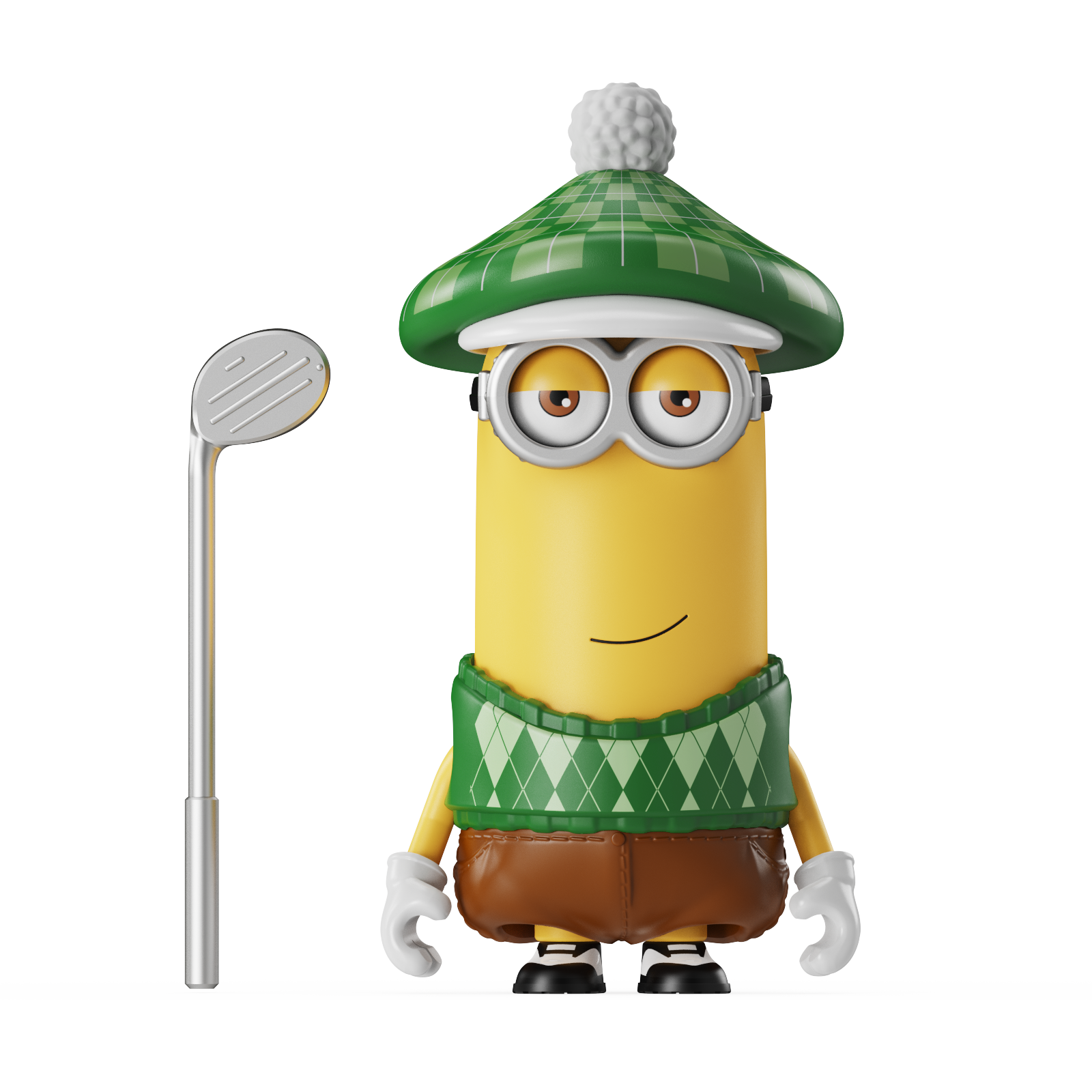 Un Minion vestido para golf junto a un palo de golf sobre negro.