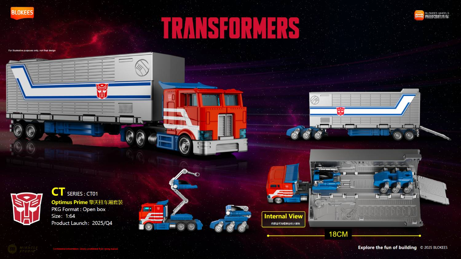Un modelo del camión Optimus Prime con remolque, mostrado montado y desmontado.