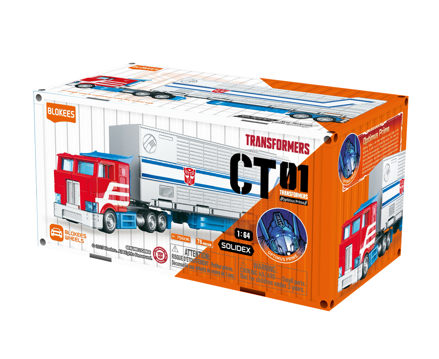 El arte de la caja muestra un juguete de camión semirremolque Optimus Prime rojo y blanco. Lados naranjas.