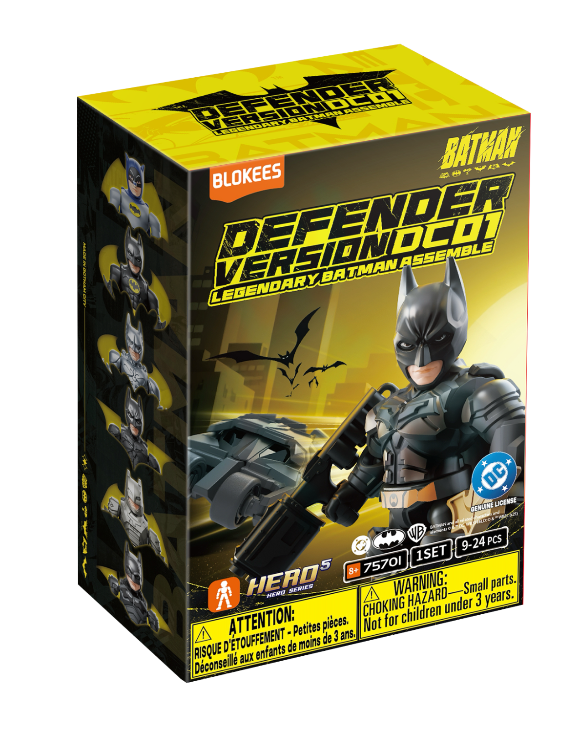 Embalaje del juguete Batman Defender Version 001, con figura de Batman y Batmóvil.
