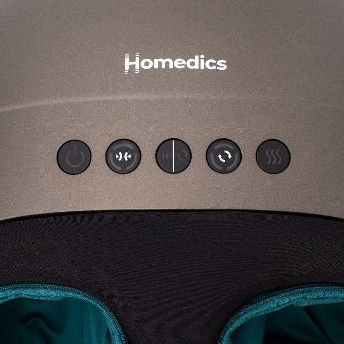 HoMedics logó öt kezelőgomb felett bronz színű készüléken.