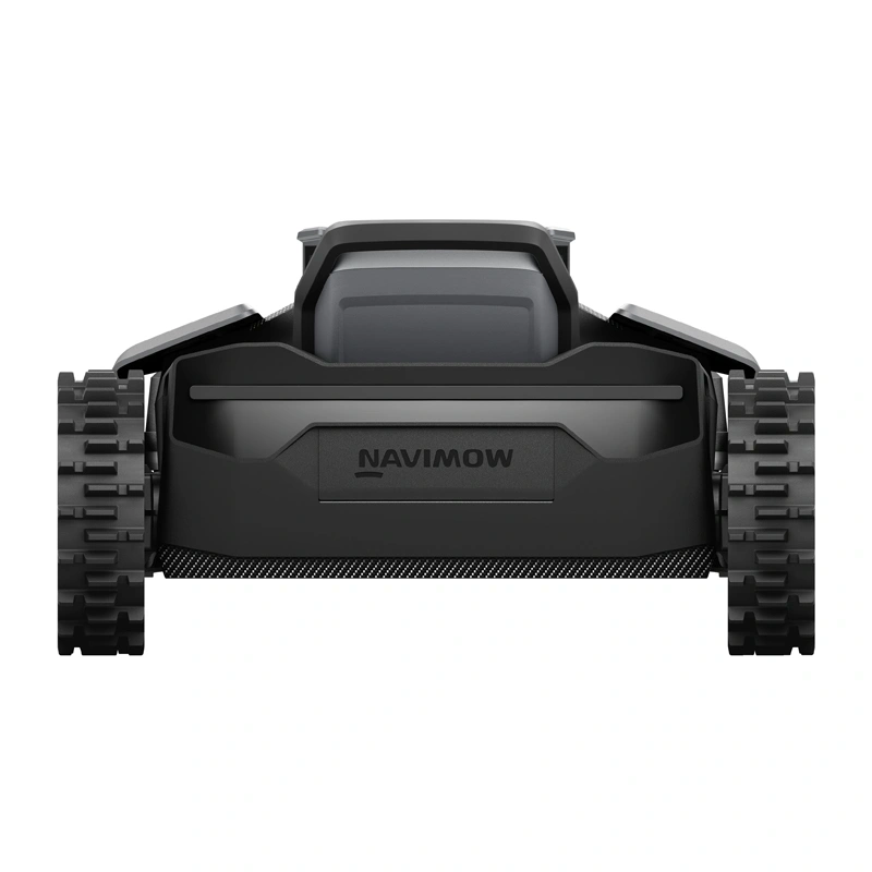 Fekete robotfűnyíró lánctalpakkal és "Navimow" logóval.