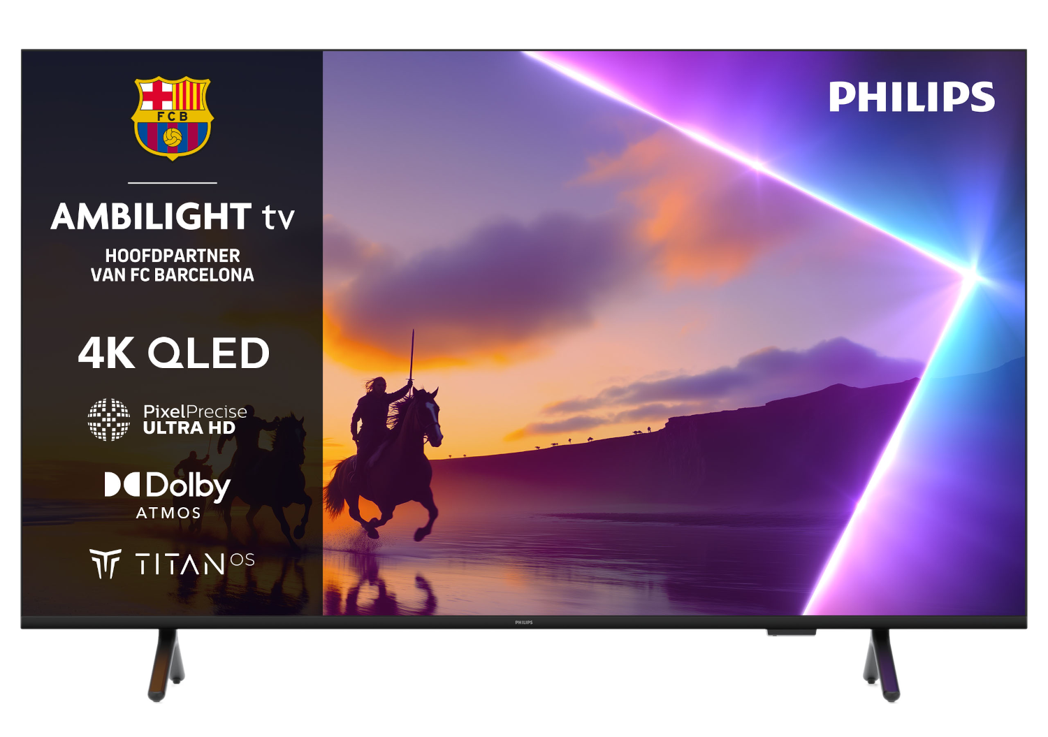 Philips Ambilight TV met FC Barcelona logo, 4K QLED, Dolby Atmos en Titan OS.