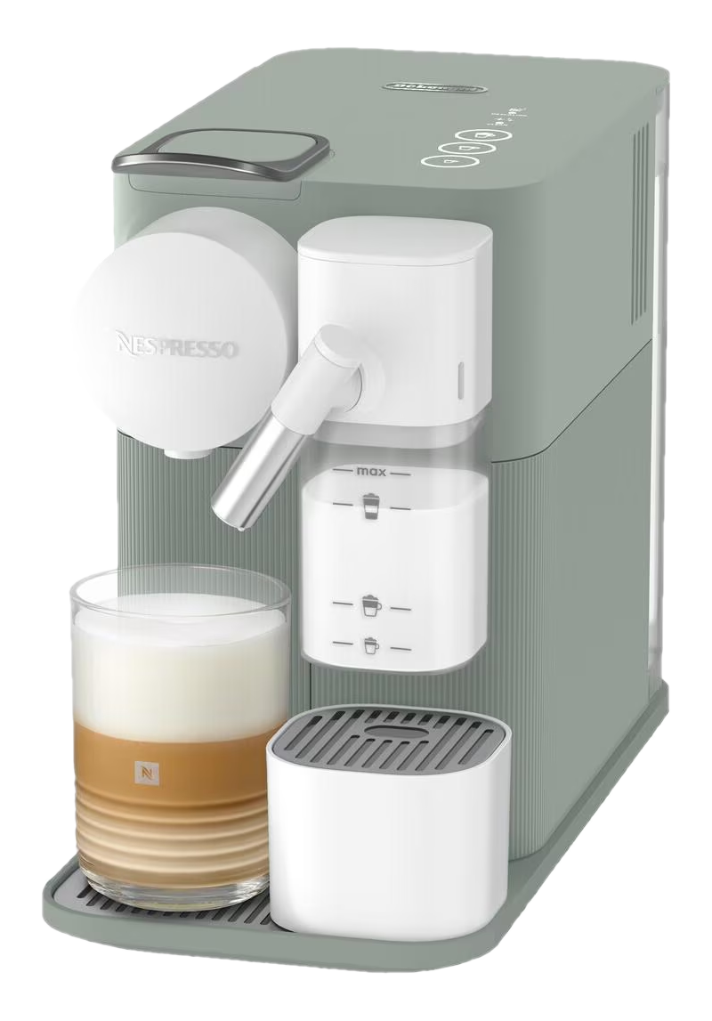 Une machine à café Nespresso verte avec un verre de latte macchiato et un réservoir de lait.