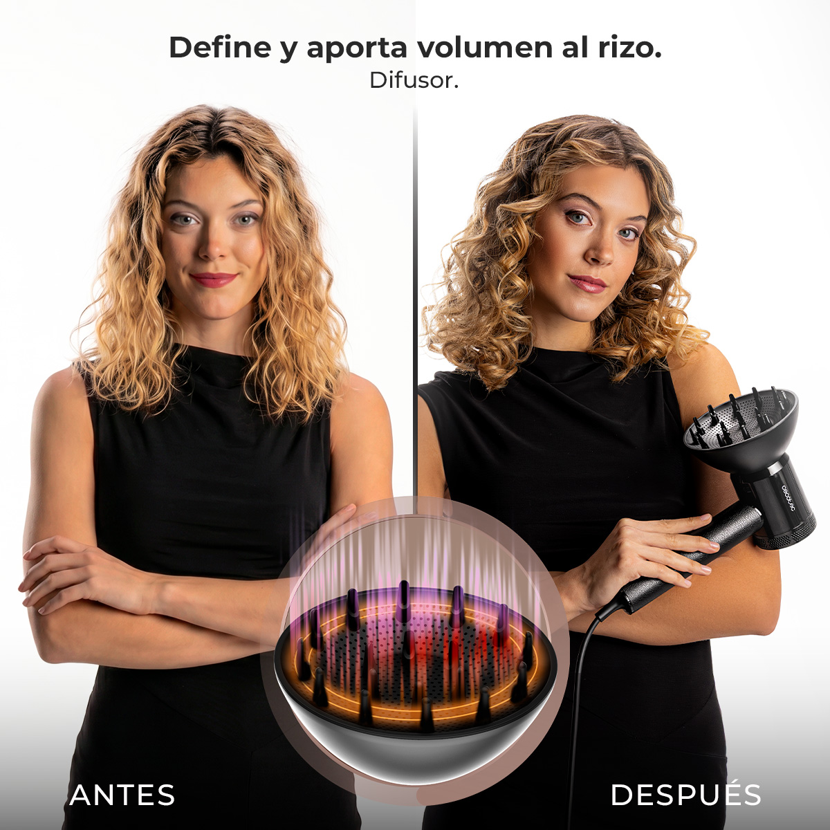 Comparación antes y después de una mujer con pelo rizado usando un difusor.