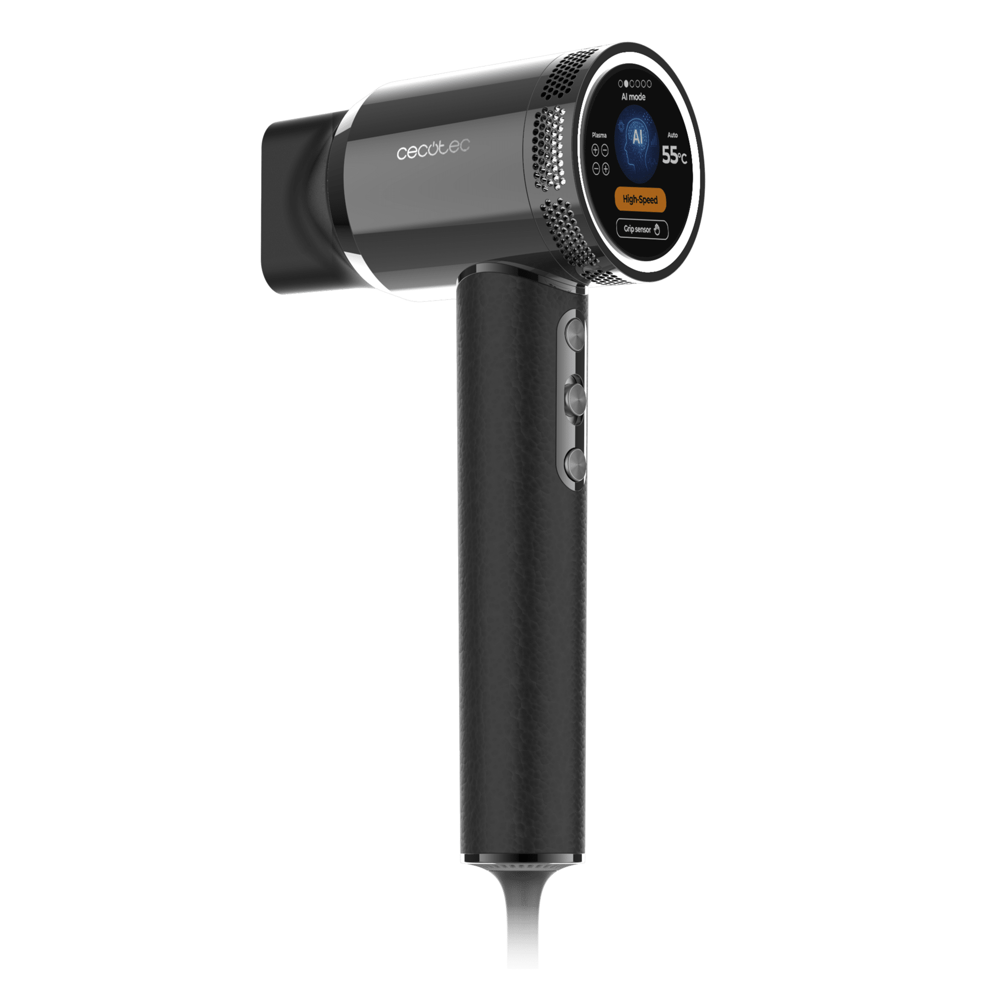 Un secador de pelo negro moderno con pantalla digital que muestra 55°C y modo IA.