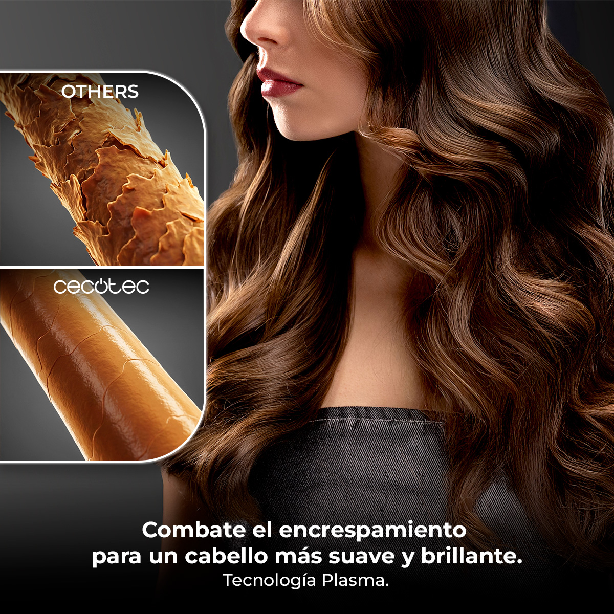 Comparativa de cabello: Áspero arriba, liso y brillante abajo. Mujer con pelo voluminoso.