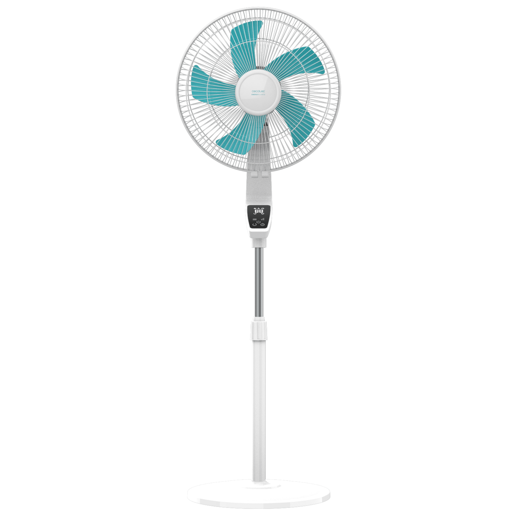 Un ventilador de pie blanco con aspas azules y pantalla digital en el poste.