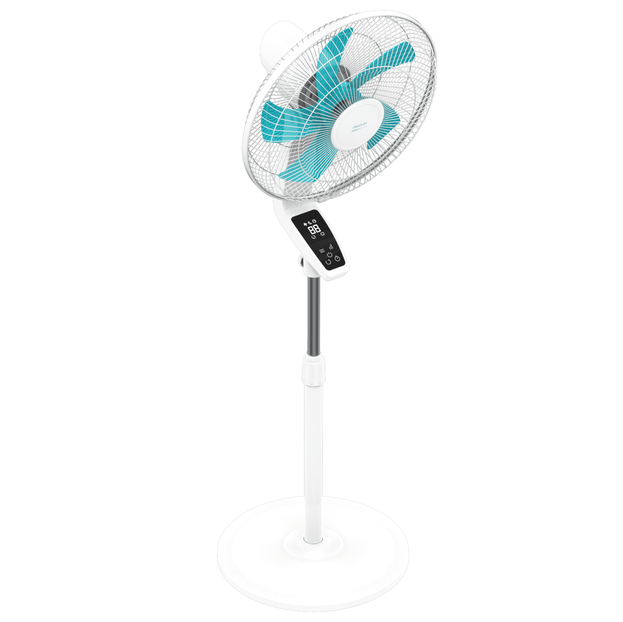 Un ventilador de pie blanco con aspas azules y pantalla digital.