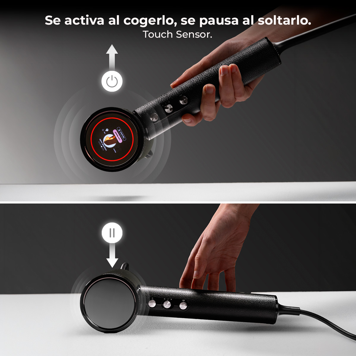 Secador de pelo negro con sensor táctil. Arriba: Mano sujetándolo, pantalla muestra icono de encendido. Abajo: Mano soltada, muestra pausa.