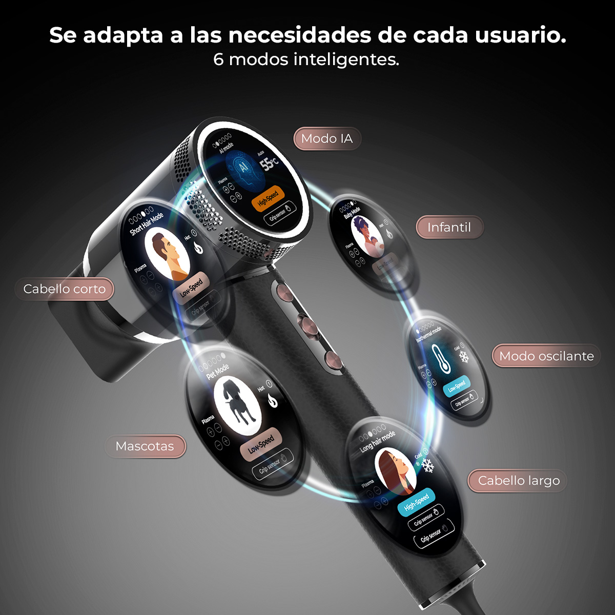 Secador de pelo moderno con 6 modos: IA, Cabello Corto, Mascota, Cabello Largo, Bebé.