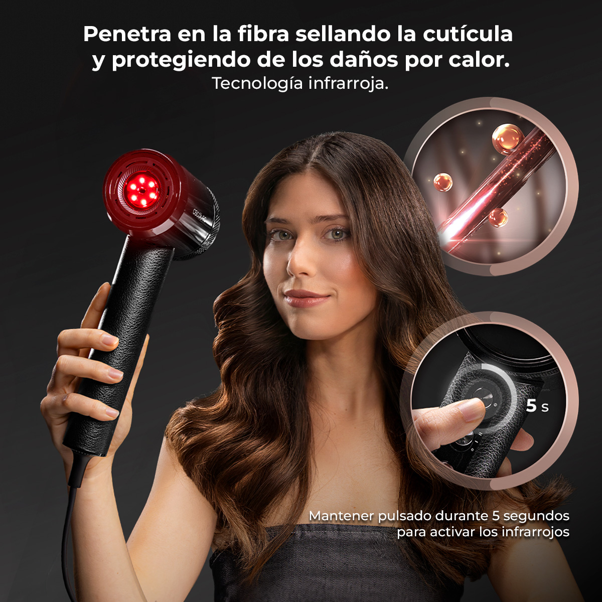 Mujer sosteniendo secador con luz infrarroja. Primer plano de mechones de cabello.
