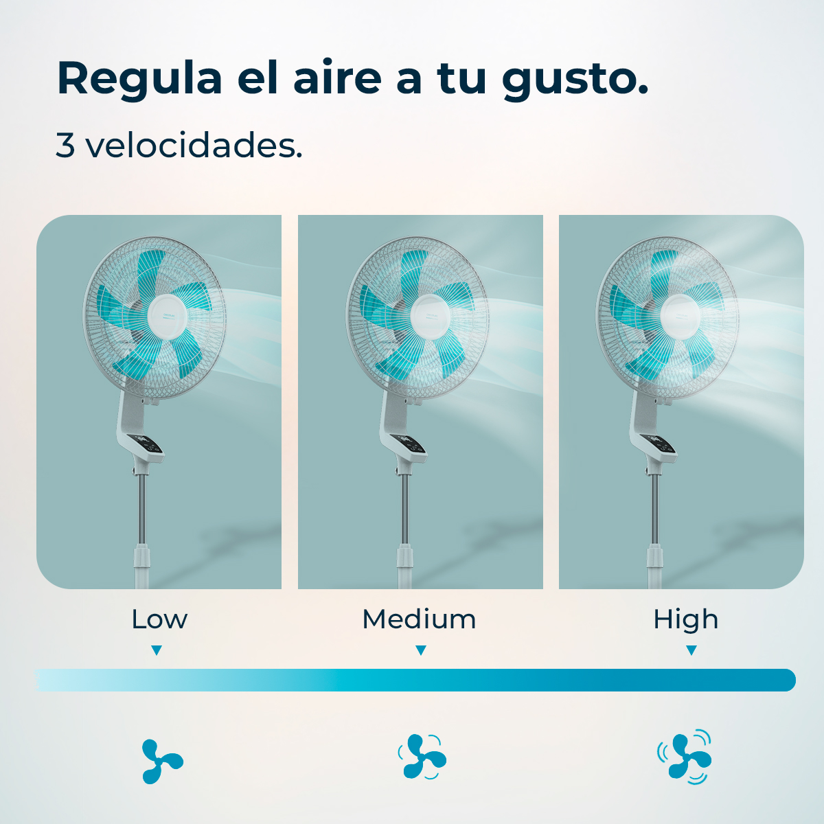 Tres ventiladores de pie con aspas azul y blanco, mostrando flujo de aire, en ajustes bajo, medio y alto.