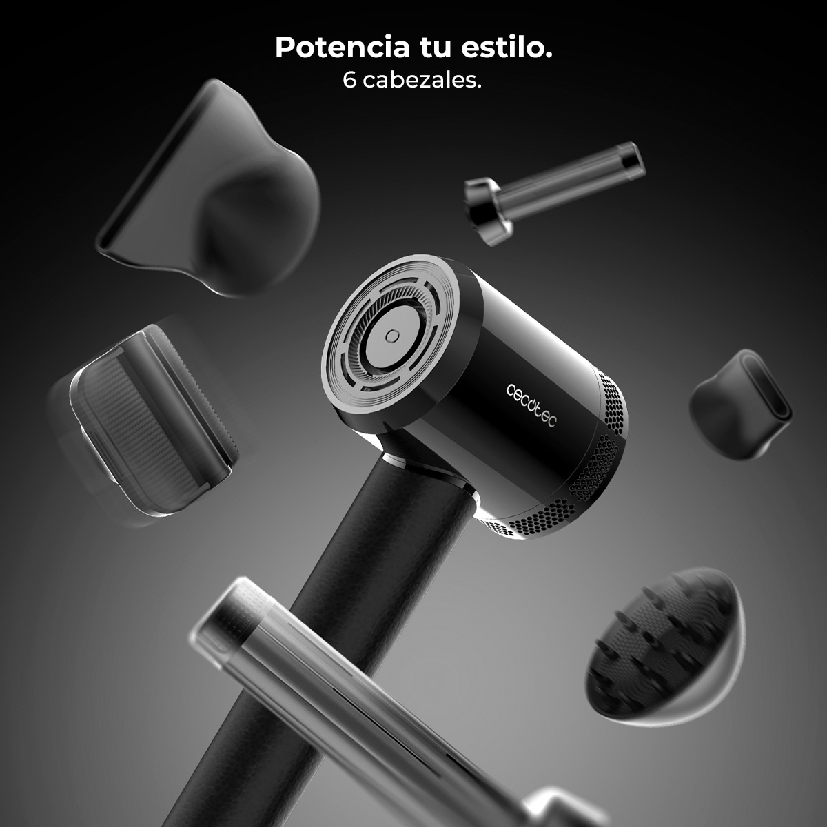 Un secador de pelo negro con seis accesorios flotando en el aire.