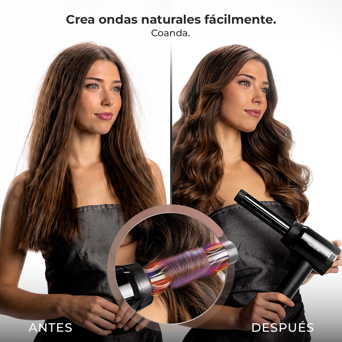 Pantalla dividida antes/después: Pelo liso peinado en ondas.