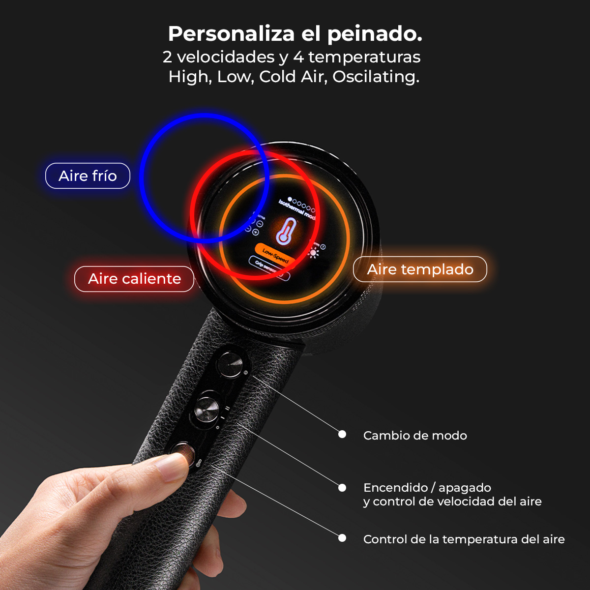 Un secador de pelo negro con pantalla LED que muestra aire frío, cálido y templado.