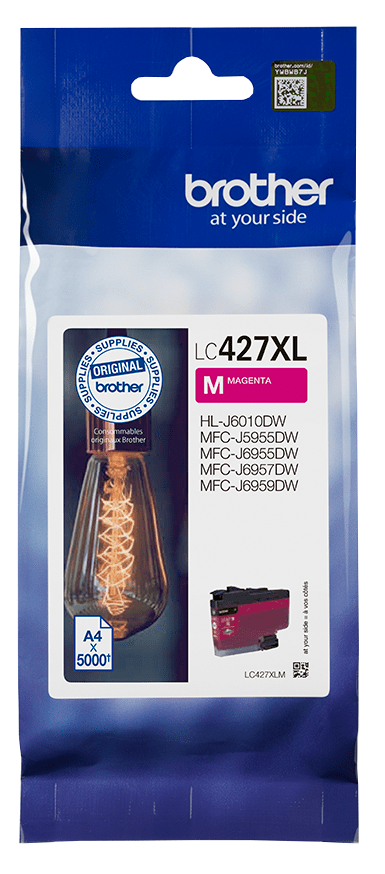 Tusz Brother LC427XL Magenta z żarówką i wizerunkiem drukarki.