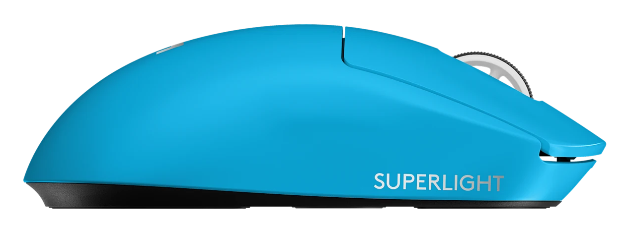Egy kék "Superlight" számítógépes egér kerékkel és fekete talppal.
