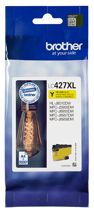 Opakowanie żółtego tuszu Brother LC427XL. Pokazuje żarówkę i drukarkę.