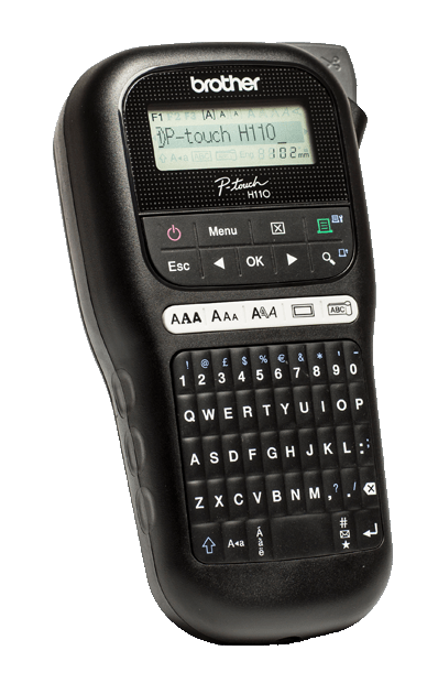 Czarna drukarka etykiet Brother P-touch H110 z klawiaturą i ekranem.
