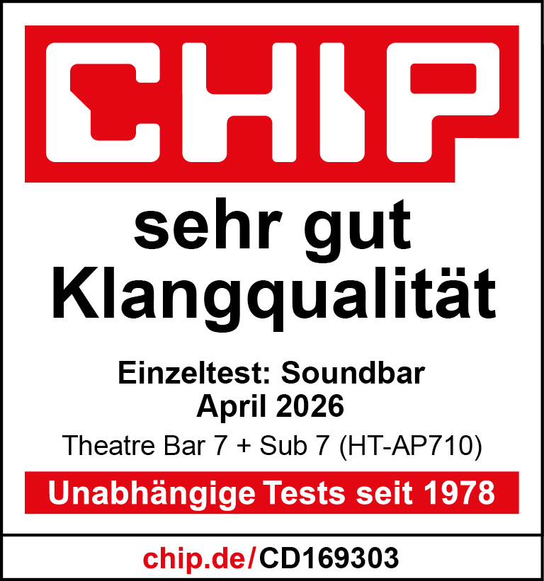CHIP Logo mit "sehr gut Klangqualität" und Testdetails.