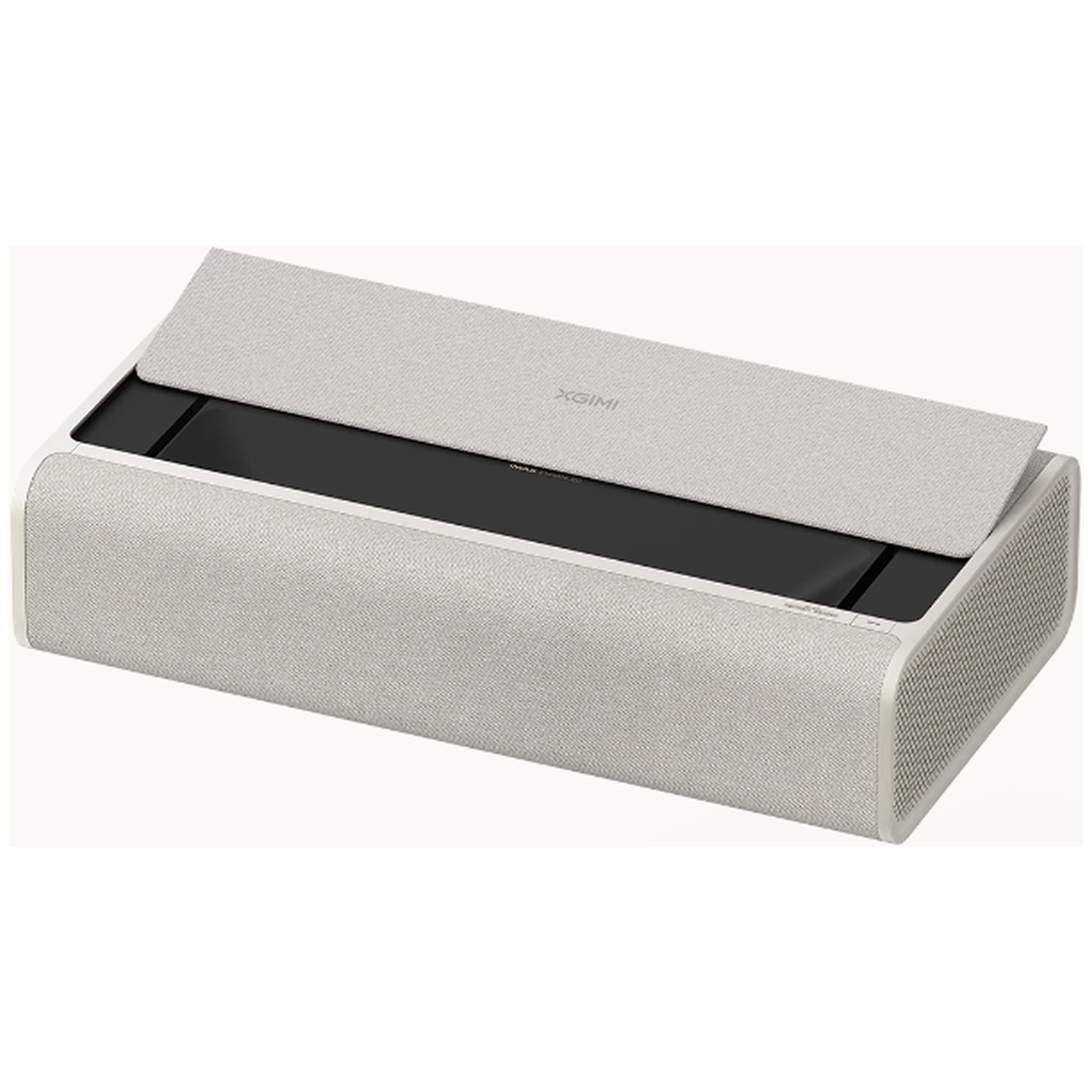 A light-colored XGIMI projector with a flip-up lid and fabric casing.