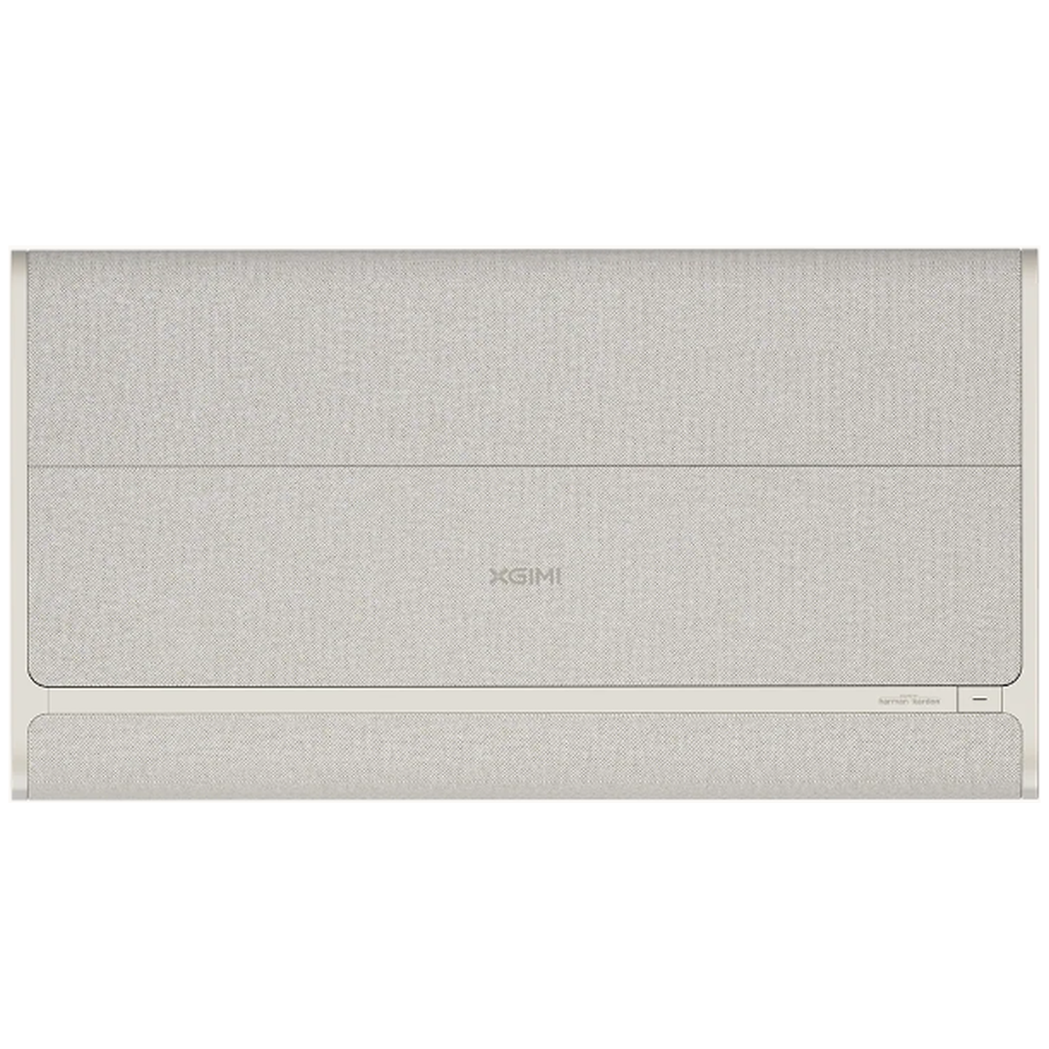 A light gray XGIMI device with a fabric cover and Harman Kardon branding.
