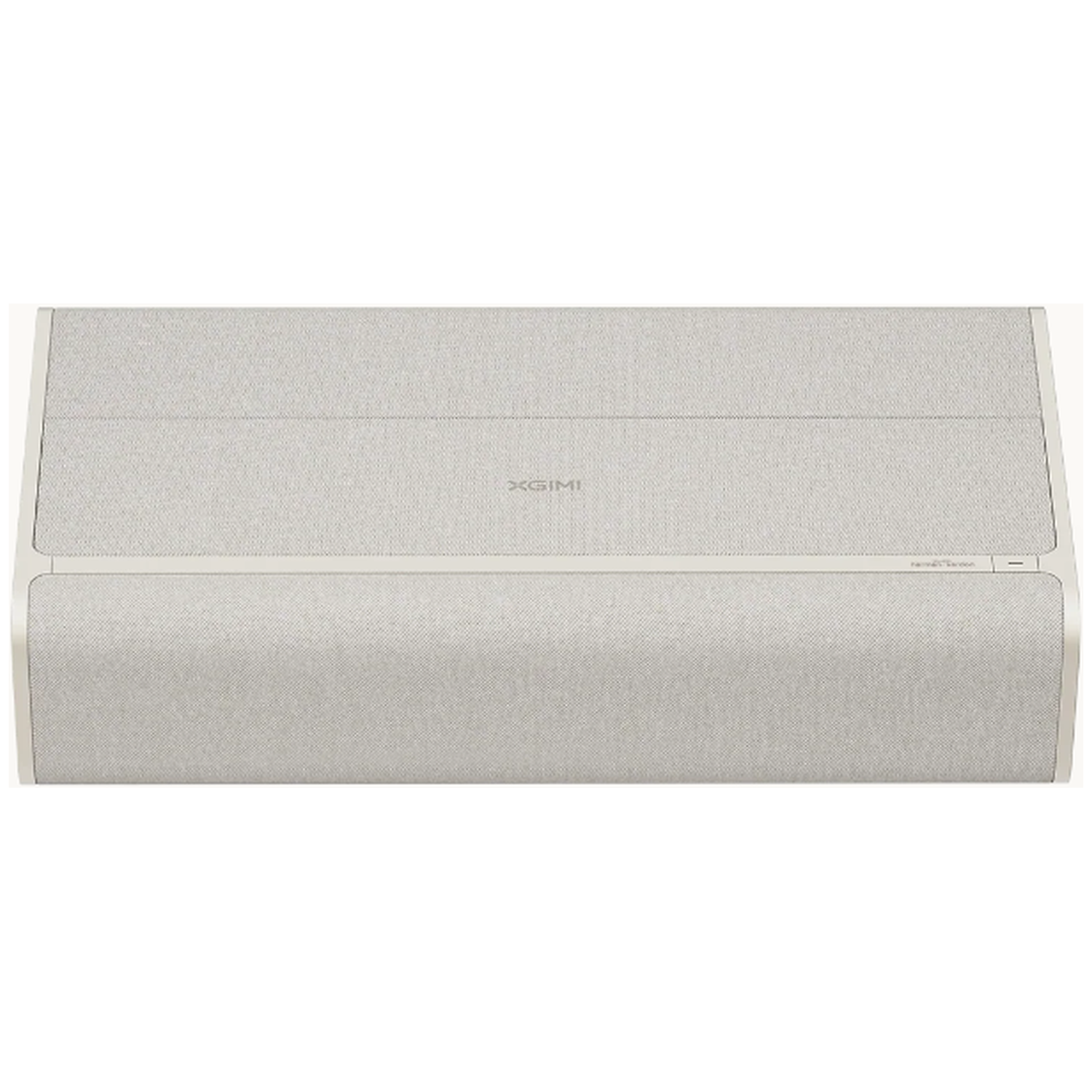 A gray XGIMI speaker with silver accents and fabric covering.