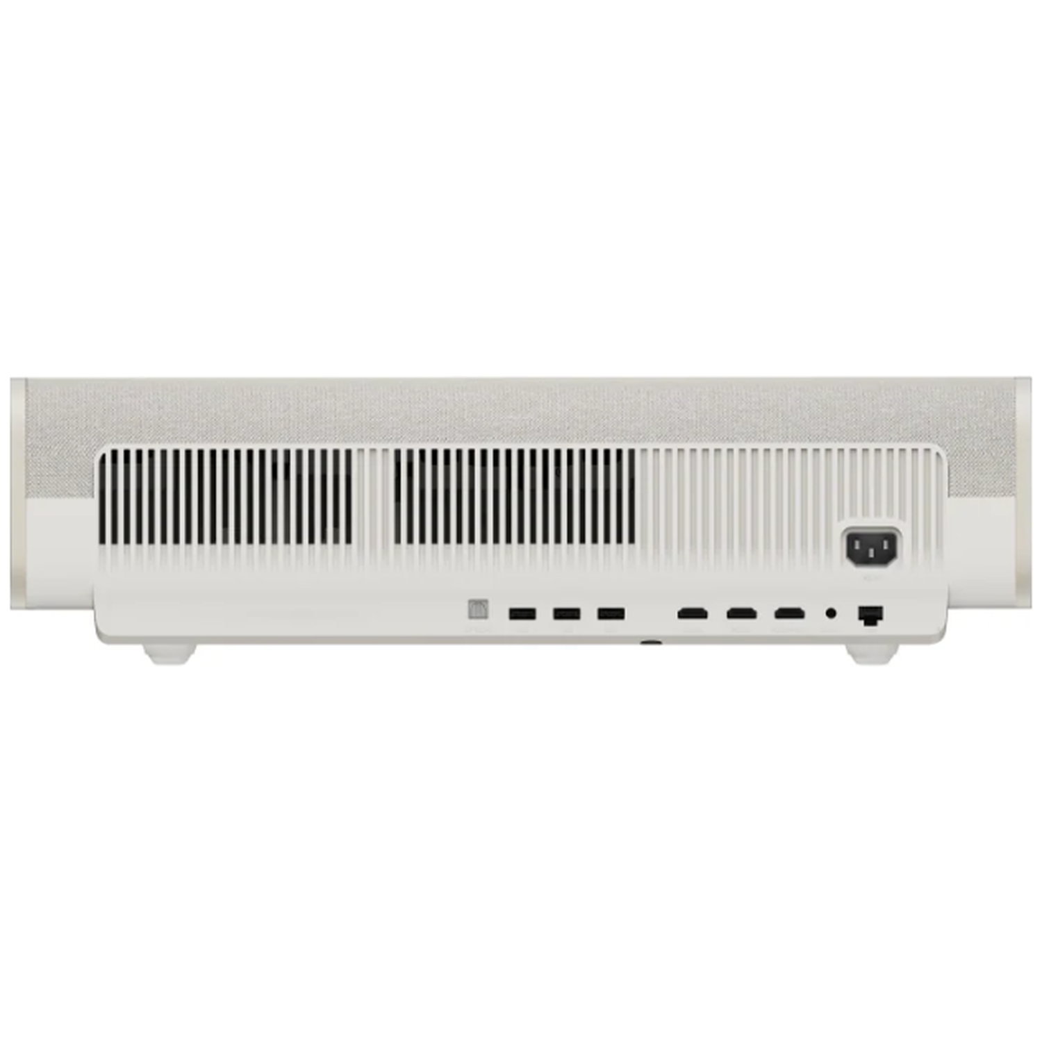White projector rear with vents and ports. Minimalist design.