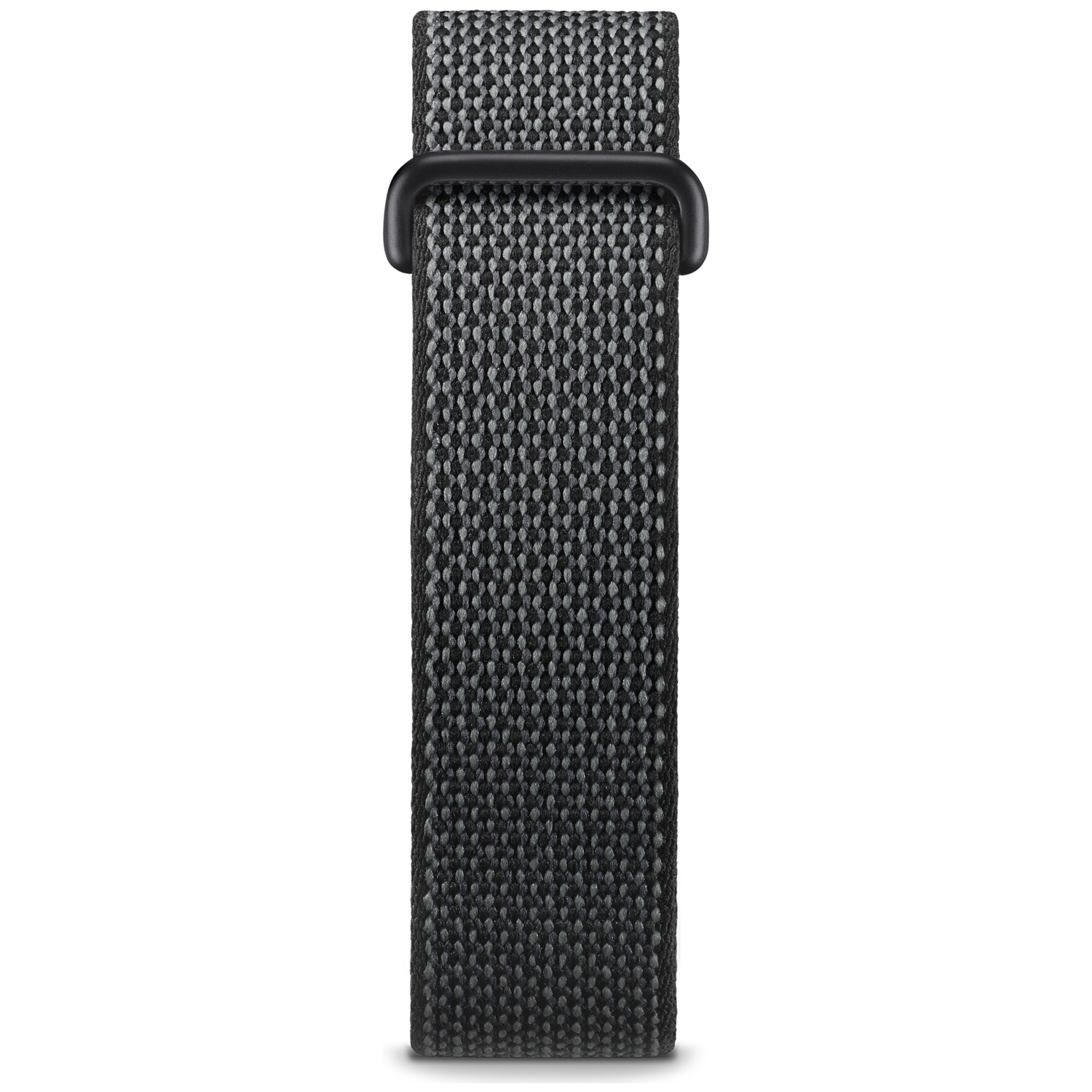 A dark textile watch band with a grey pattern and black buckle, on a white background.