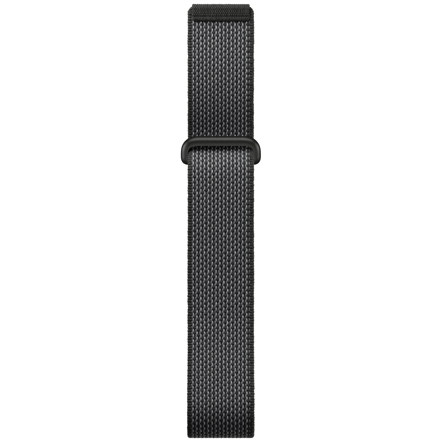 A grey fabric watch band with a black clasp on a white background.