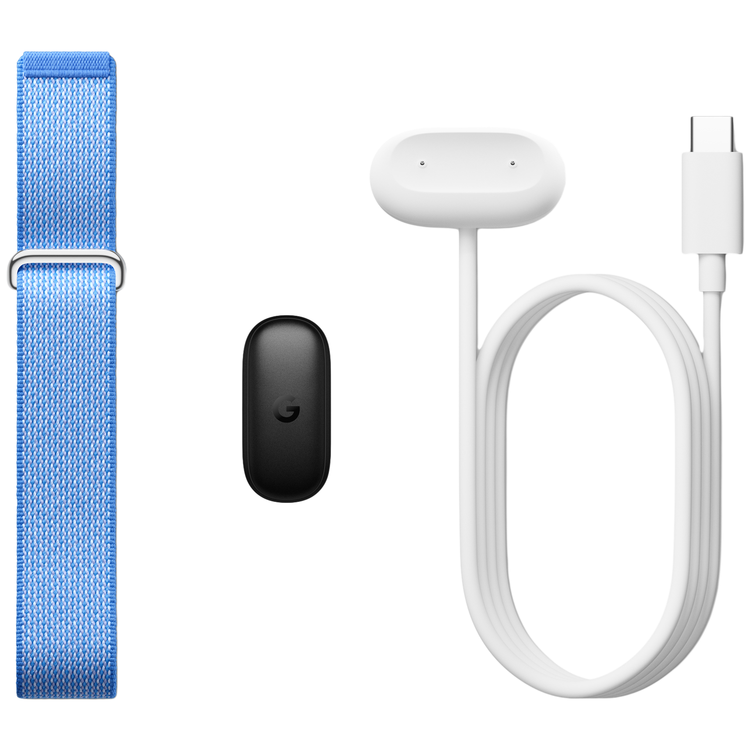 Blauwe stoffen band, zwarte tracker met G-logo en witte lader met USB-C-kabel.