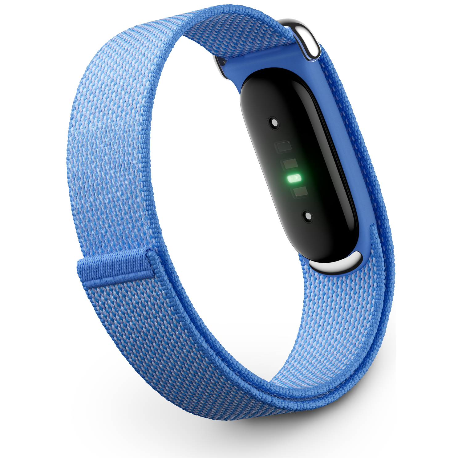 Een blauwe fitnessband met een zwart scherm dat groene lampjes toont.