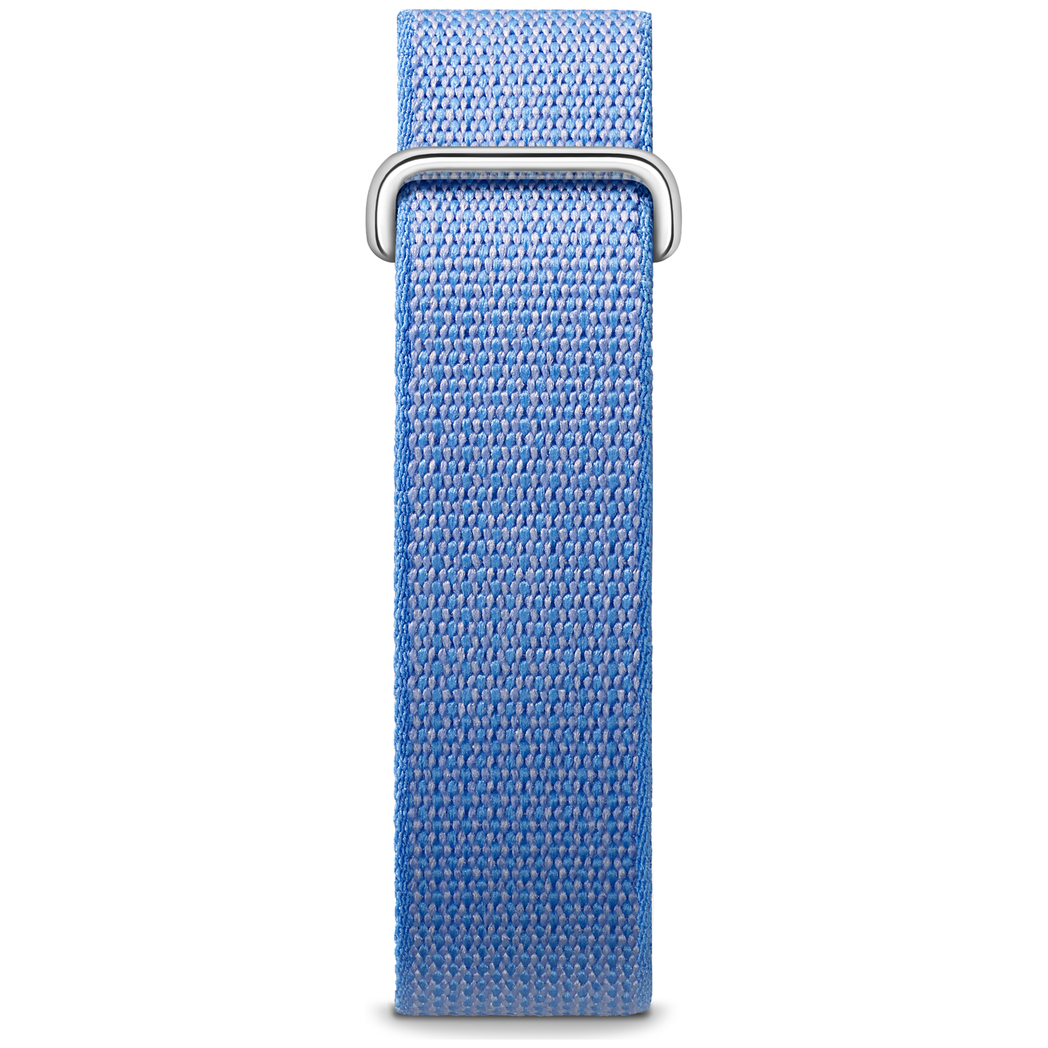 Blauw stoffen horlogebandje met metalen gesp, close-up.