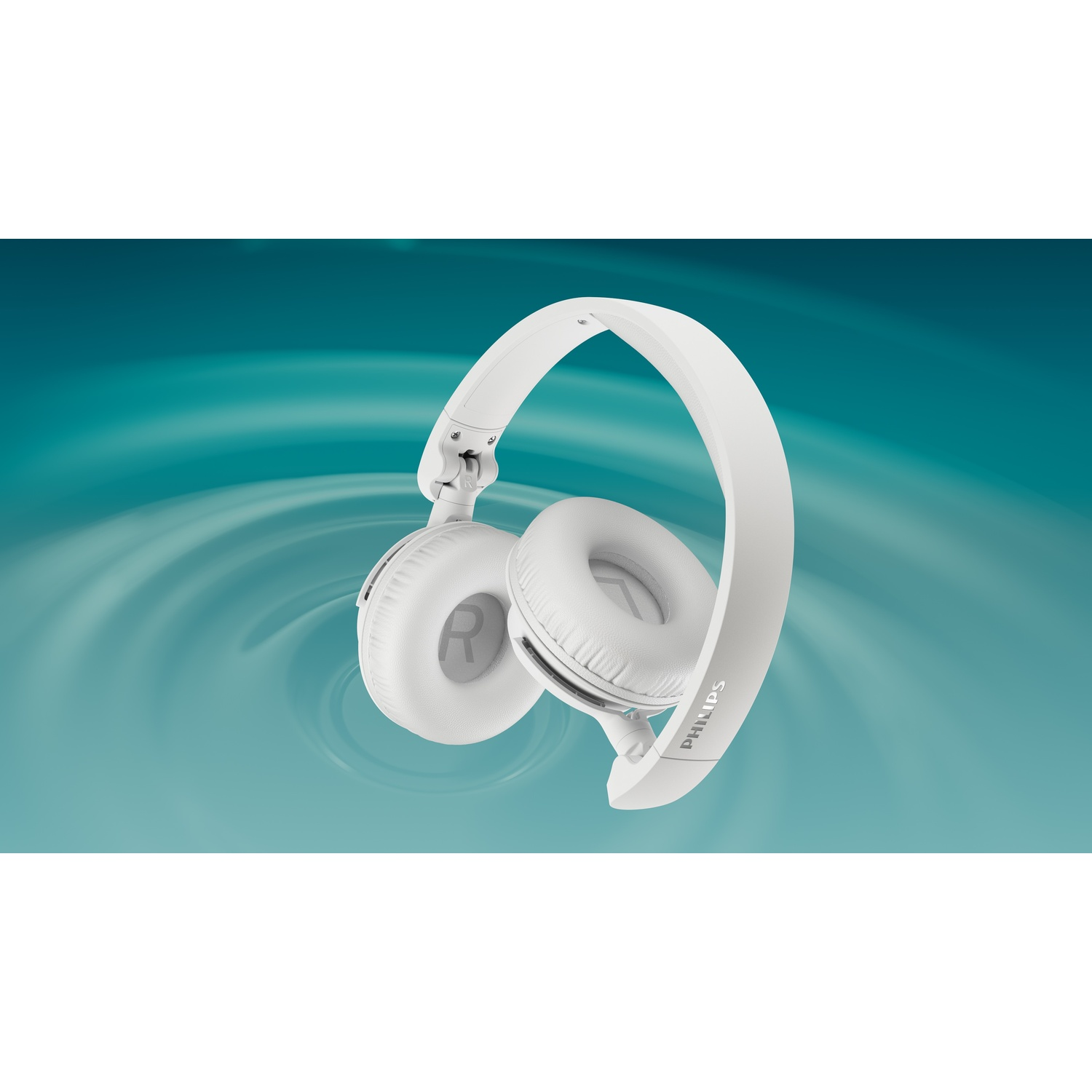 Cuffie Philips bianche su sfondo blu vorticoso.