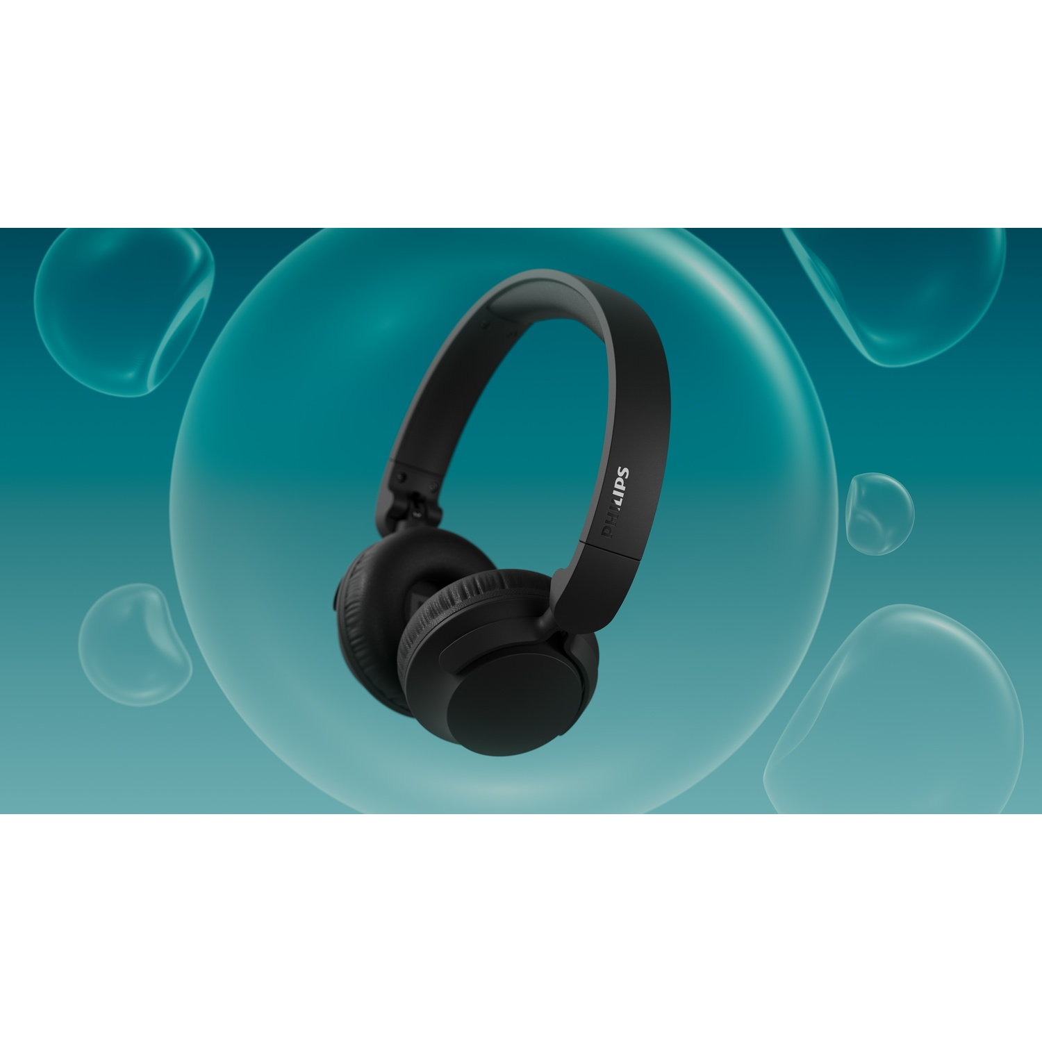 Cuffie nere Philips con logo su sfondo blu con bolle.