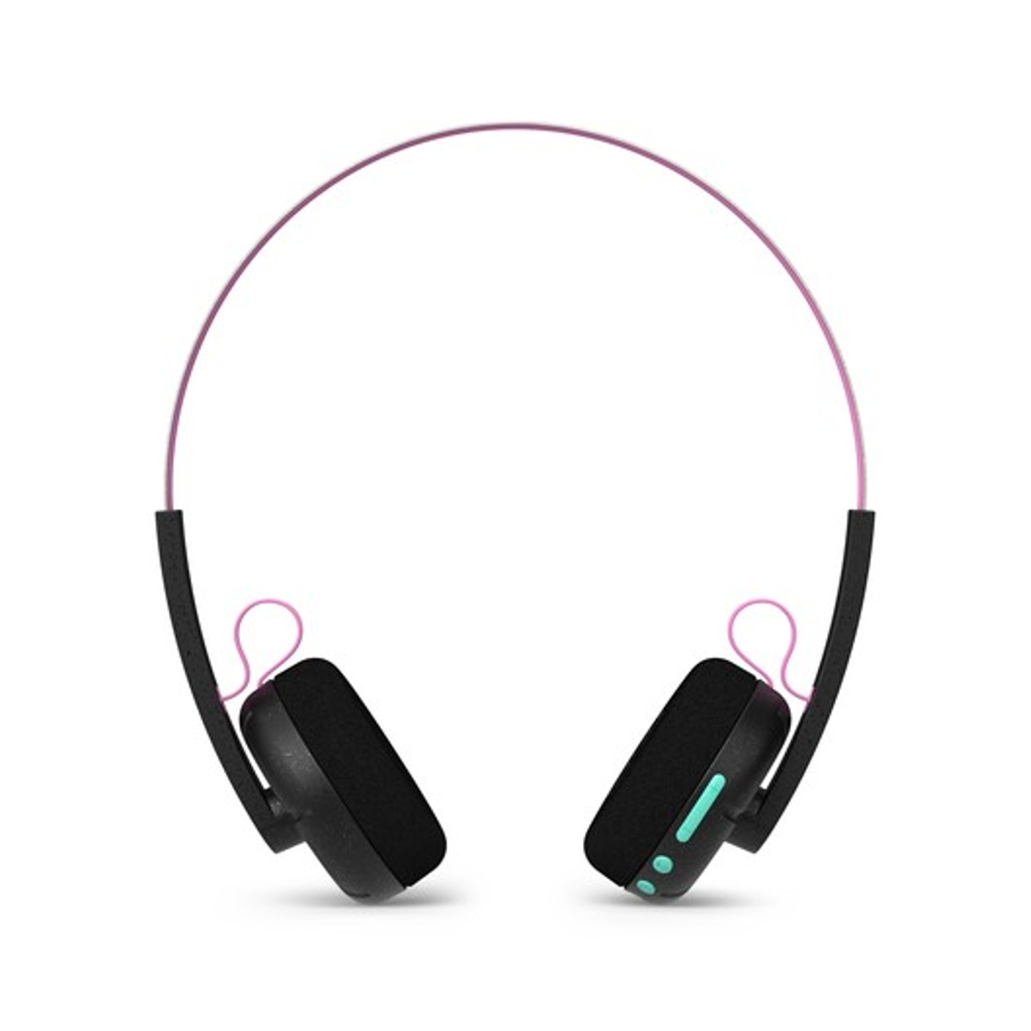 Cuffie nere con fascia rosa e accenti blu su sfondo bianco.