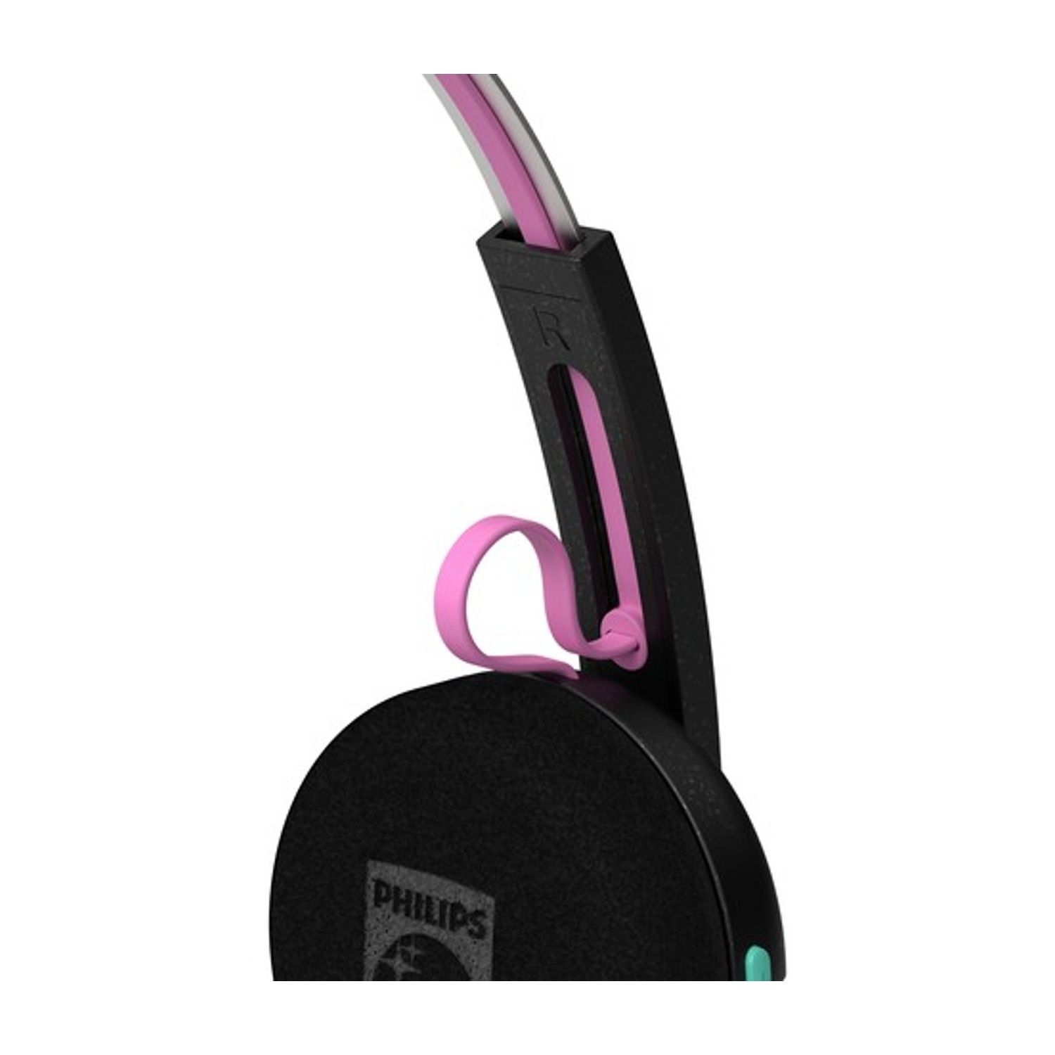 Cuffie nere con accenti rosa e logo Philips.
