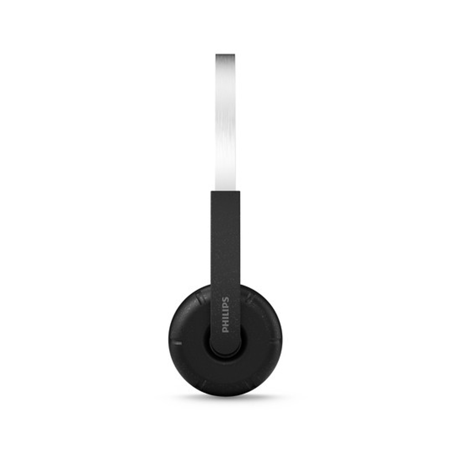 Cuffia Philips nera con fascia argentata su sfondo bianco.