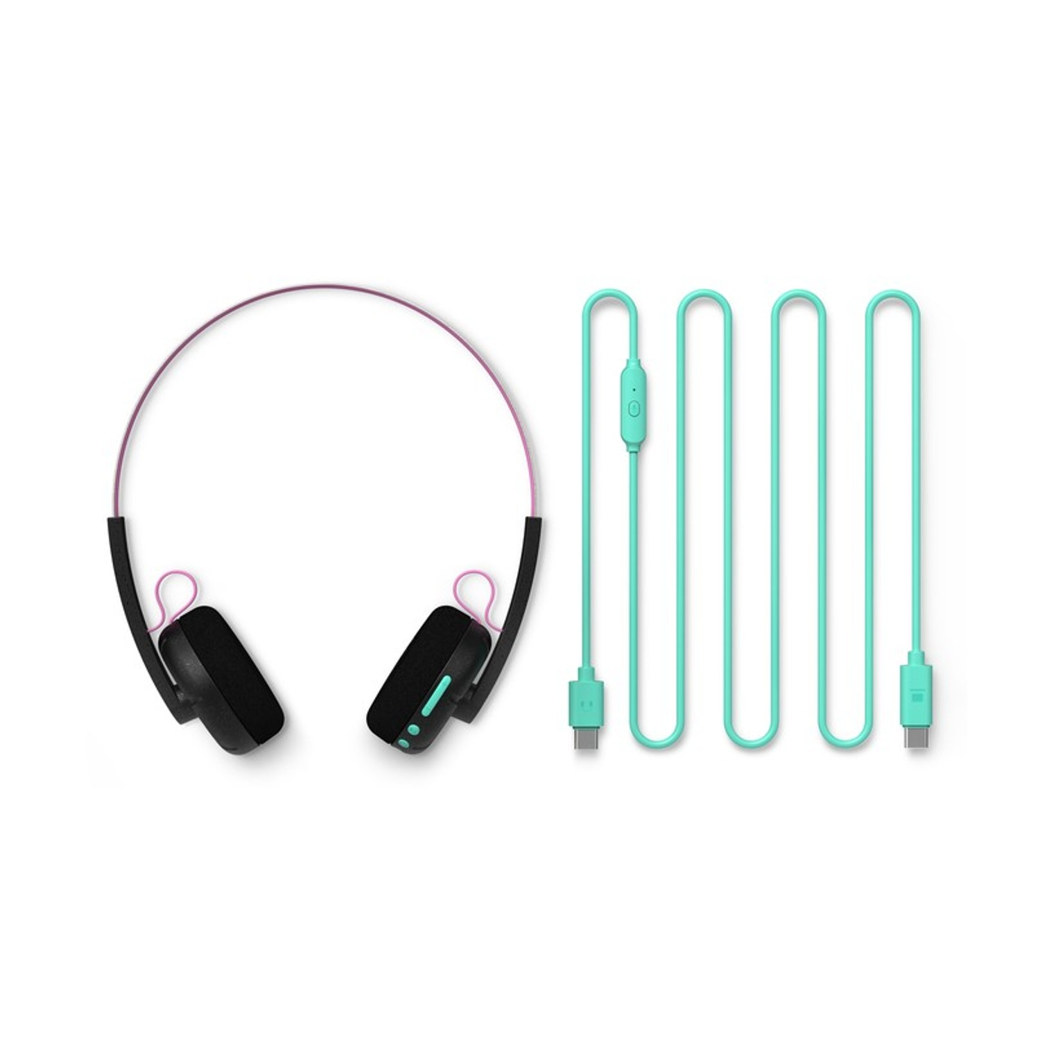 Cuffie nere con archetto rosa e cavo USB-C turchese.